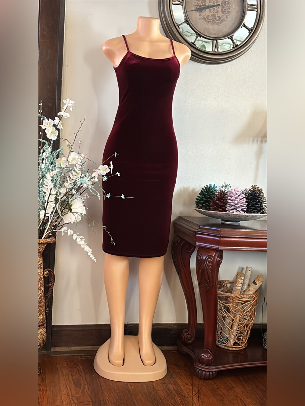 Beautees Burgundy Velvet Spaghetti-Strap Midi Dress